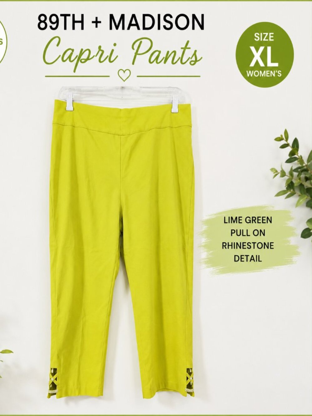 89th + Madison XL Lime Green Pull-On Capri Pants Rhinestone Detail, summer capri